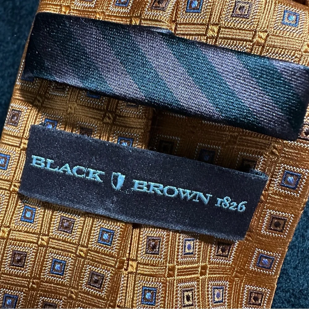Black Brown 1826 Tie – Rich Pumpkin with Light Blue Squares- 100% Silk